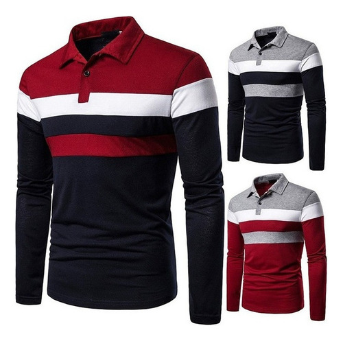 Men's Striped Polo Shirt With Lapel Long Sleeves