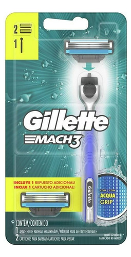 Rastrillo Gillette Mach3 Aquagrip 1 Máquina + 2 Cartuchos