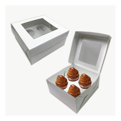 Cajas Para 4 Cupcakes Muffins  C/cuna Y Visor  Pack X 25