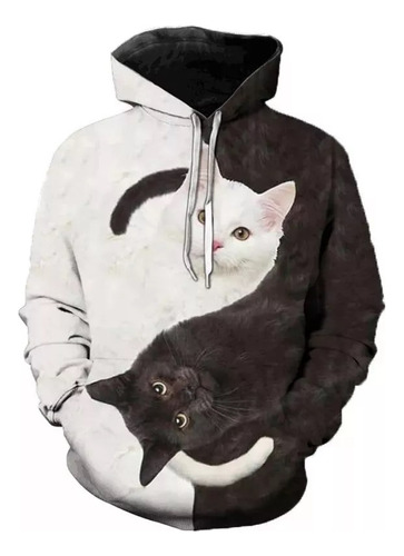 Sudadera Con Capucha Estampada En 3d De Gato Blanco Y Negro