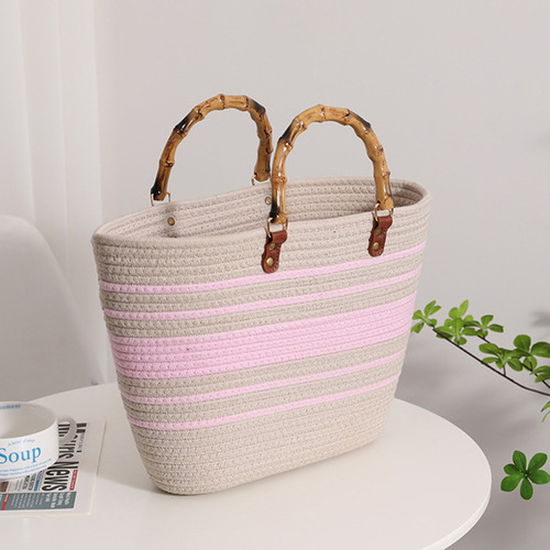 Bolsos De Playa De Moda Con Mango De Bambú, Algodón Tejido A