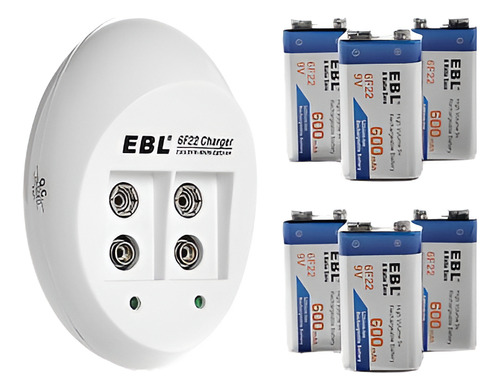 Baterías Recargables De Ebl 6x 600mah 9v 6f22 Cargador De Ba