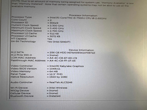 Laptop Dell Latitude 7280 Intel I5 7ma Ge 8 Ram Ddr4 256 Ssd (Usado)