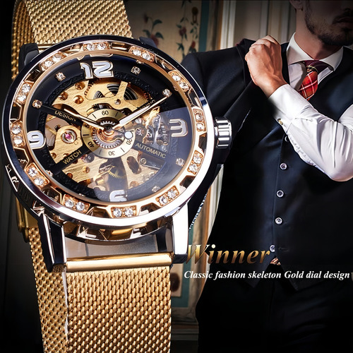 Relojes de pulsera mecánicos Forsining 1201 Skeleton, color de fondo dorado