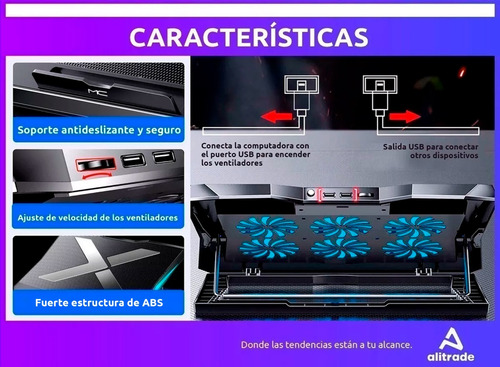 Imagen 6 de 10 de Base Soporte Cooler Notebook 14 A 17p Luz 6 Alturas 6 Fans