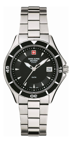 Reloj Swiss Alpine Military Nautilus Ladies 7740.1137sam Malla Plateado Bisel Negro Fondo Negro