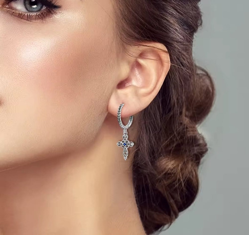 Aretes Mujer De Plata S925, Cruz Pavé Zirconias