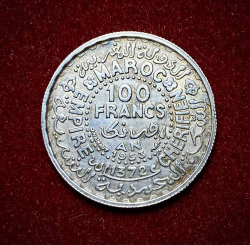 Moneda 100 Francos Marruecos 1372 / 1953 Plata 0.720 Y 52