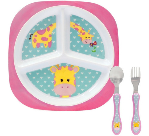 Imagem 1 de 10 de Kit Prato Infantil Com Divisória + Talher Inox Refeição Buba