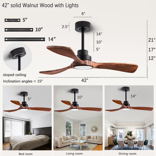 Ventilador De Techo 3 Aspas Color Negro Madera Luz Control 1.067 M Negro Madera Madera 3