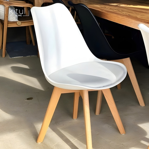 Set 2 Sillas Comedor Tulip Moderna Minimalista Acolchonada Estructura De La Silla Marrón Claro Asiento Blanco Diseño De La Tela Acolchonado