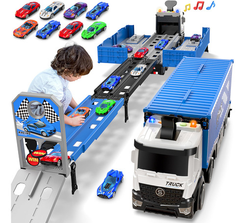 Camión Portador De Carreras Con 8 Autos Y Juego Plegable