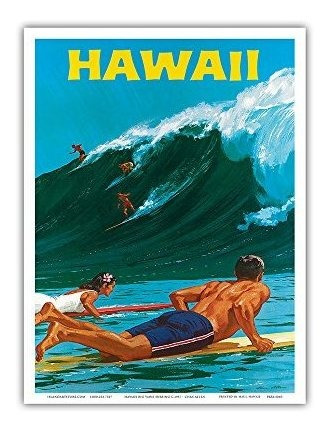 Hawaii - Big Wave Surfing - Vintage Travel Poster De Chas Al