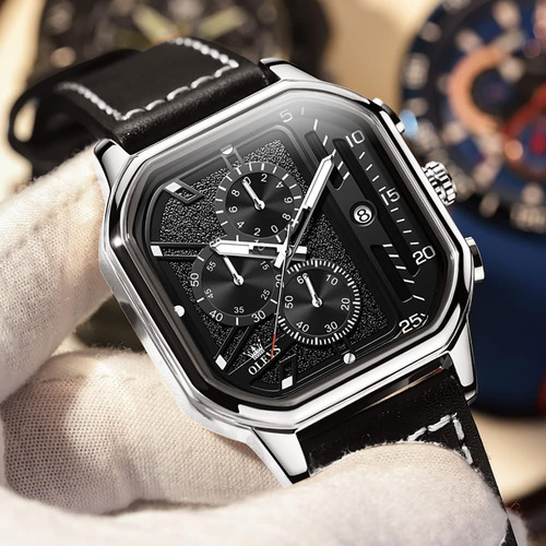 Olevs Relojes Cuadrados Para Hombres Cronógrafo De Cuero Mod