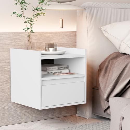 Mesa De Cabeceira Quarto Com Gaveta Cama Box Suspensa Preto Acabamento Branco Cor Branco