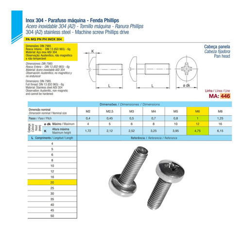 Parafuso Inox M6 X 20 Cabeça Panela Phillips M6x20 - 20 Pçs