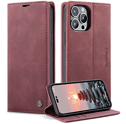 Funda Para iPhone 14 Tapa Tarjetero Cuero Wine Red