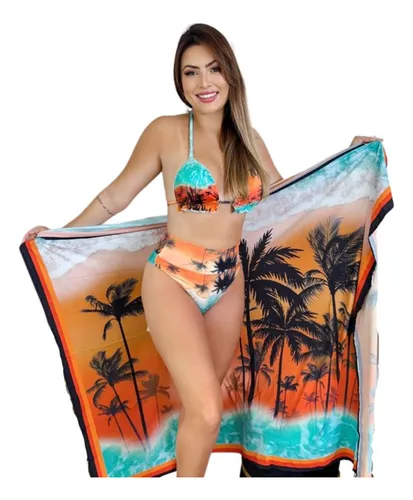 Biquini Com Pareo Saida Praia Conjunto Bojo Forro Hotpant Frete