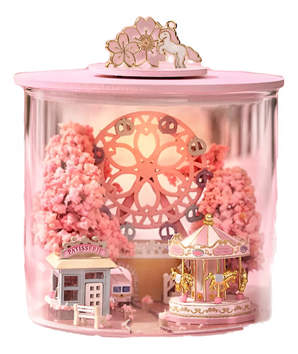 Casita De Madera Armable Luz Led Botella - Paisaje De Sakura