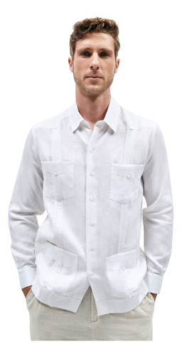 Abito Guayabera De Lino Manga Larga Color Blanco Doble Puño Mancuernillas 100% Lino, Camisa Guayabera Yucateca De Lino