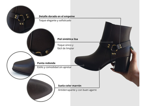 Botines Mujer Café Tacón Grueso Hebilla Elegante Casual