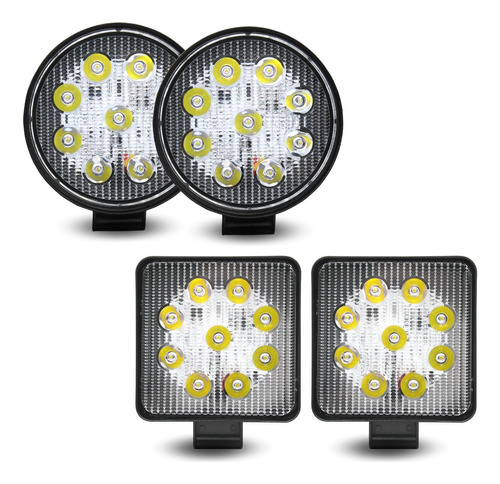 Pqte. 2 Faros Led Cuadrados Y 2 Faros Redondos 9 Led