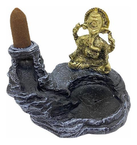 Incensário Cascata Ganesha Metal Dourado Resina 7 Cm