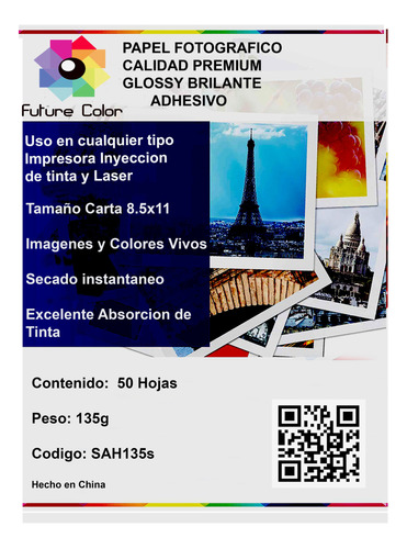 Papel Fotografico  Adhesivo Carta 135g Glossy Brillante 1 Pa