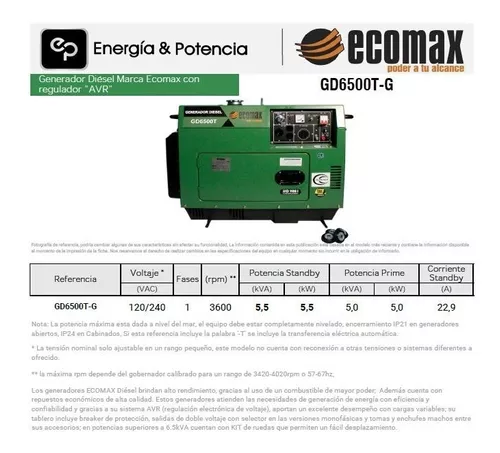 Planta Eléctrica Diésel Ecomax 6,8 kVA 110/220V 3F, GD6500E3-G