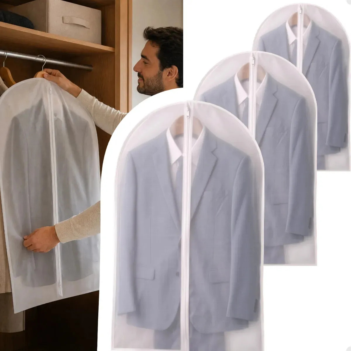 Kit 3 Capas de Terno e Roupas Sociais SONATTO Branco Impermeável Antimofo Transporte de Roupas Organização e Proteção Premium