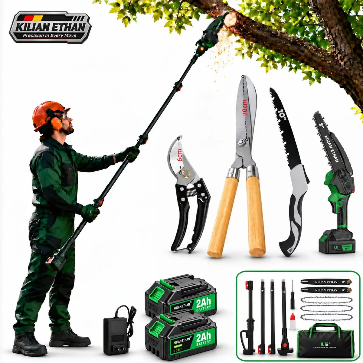 Kit Poda 5 em 1 | Motosserra 8" | Podador de Altura 240cm | Serrote Dobrável 10" | Tesoura Grande 52cm | Tesoura de Poda 21cm | 2 Baterias