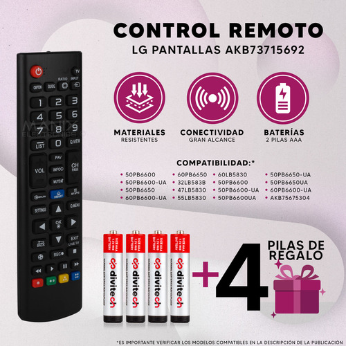 Control Compatible Con LG Pantallas Akb73715692 Smart Tv