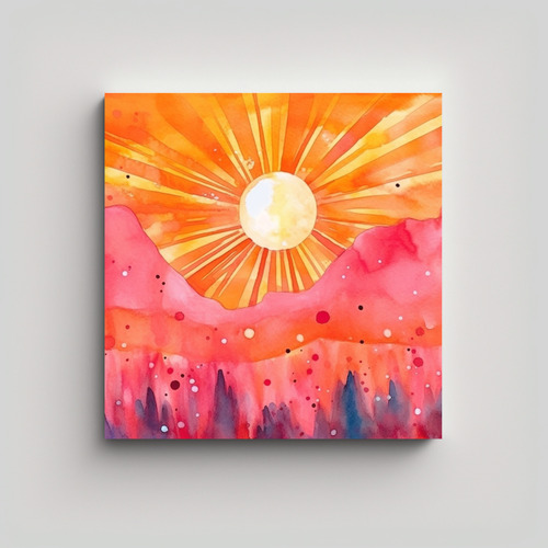 70x70cm Cuadro Decorativo Sol Naranja Y Rayos Rosados Estilo