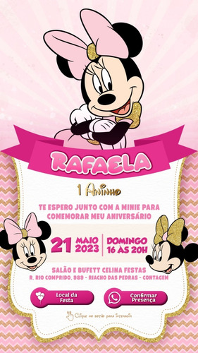 Convite Minnie Rosa Digital Interativo Online Whatsapp