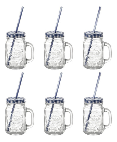 Set 6 Tarros Mason Jar Labrado Vidrio 480ml Tapa Y Popote