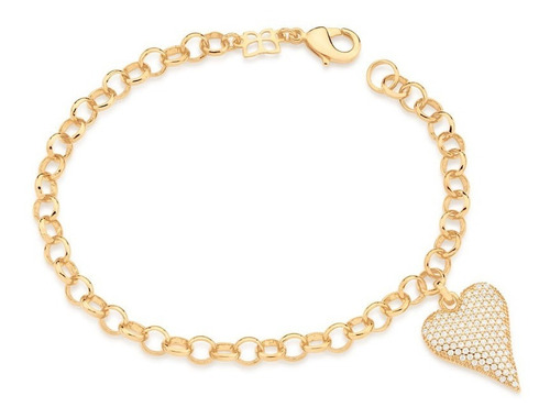 Pulseira Coração Com Zircônias Folheado Ouro Rommanel 19 Cm