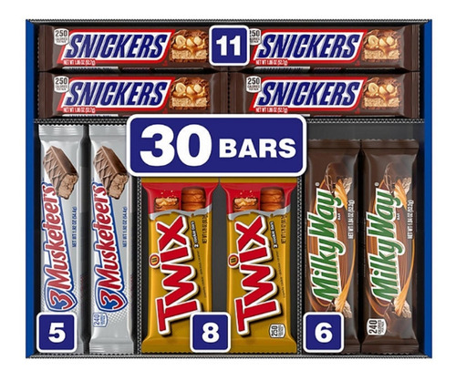 30 Pack Snickers, Twix, 3 Musketeers, Milky Way Chocolates 