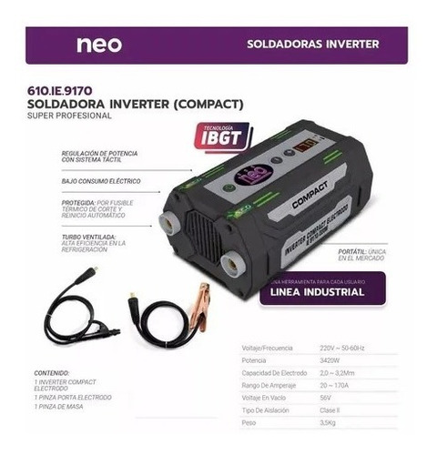 Imagen 3 de 5 de Soldadora Inverter Compacta 170 Amp Neo Electrodo Mma Ie9170