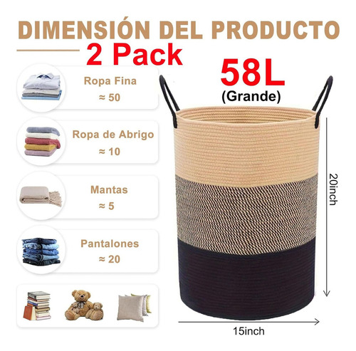 2pack 58l Grande Cesta De Lavandería De Cuerda Tejida Con