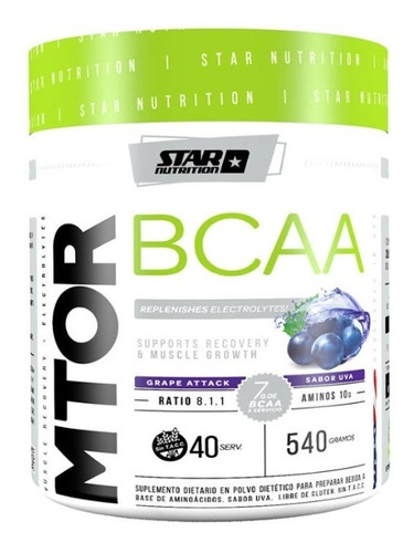 Suplemento en polvo Star Nutrition MTOR BCAA aminoácidos sabor Grape Attack en pote de 540 gr