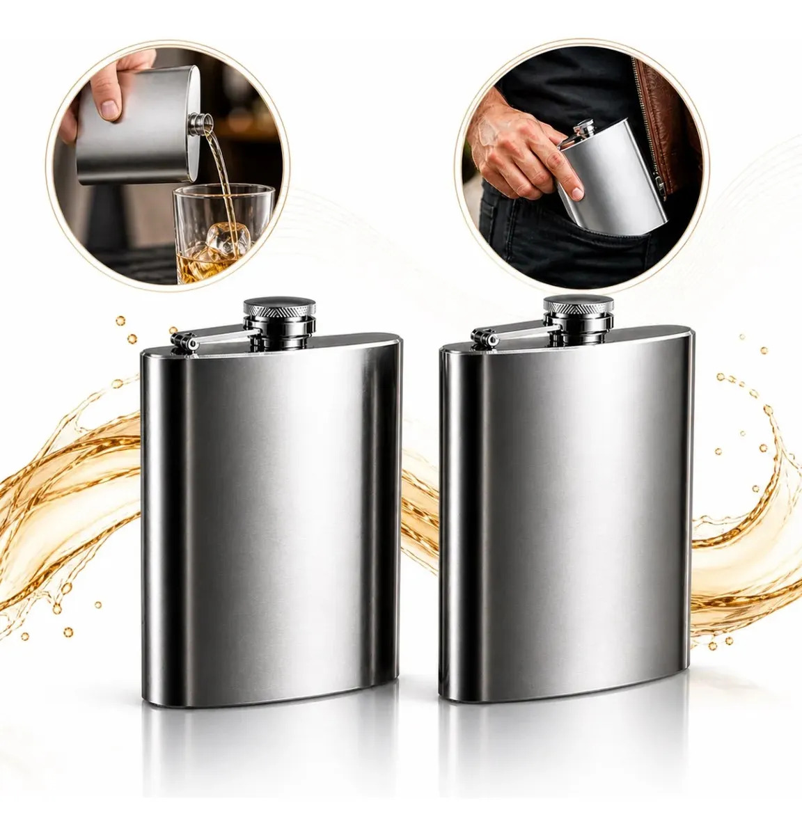 Kit 2 Cantil De Bolso Em Inox Porta Bebida Whisky Vodka Aço Cor Prateado Lisa Bebidas Whiskeira Garrafa Frasco Portátil Couro Bar Drop Shopy