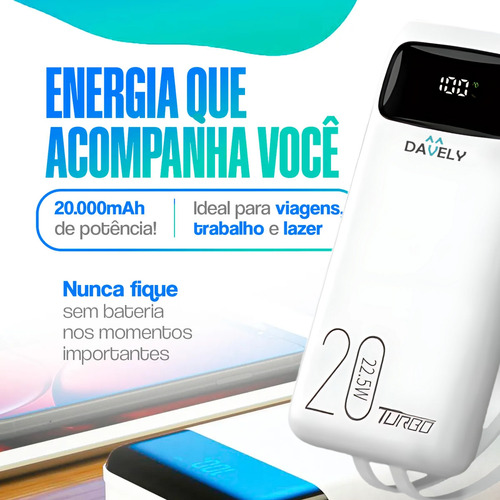 Carregador Portátil De Celular Power Bank Turbo 22.5w 20.000mah Com Display Cor Branco Eletromex