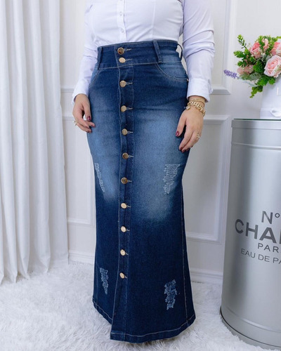 Saia Jeans Destroyed Longa Justa Moda Evangélica Feminina