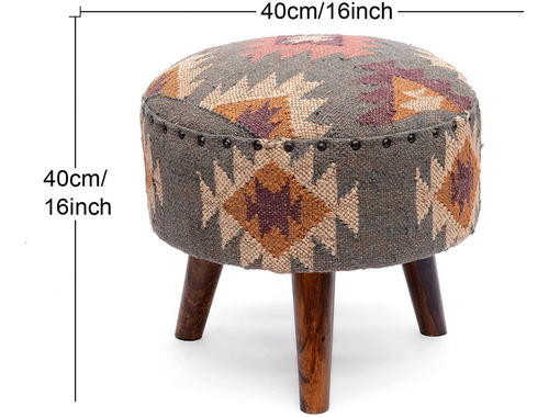 Taburete Kilim De Madera De Tamaño Pequeño Con Acabad...