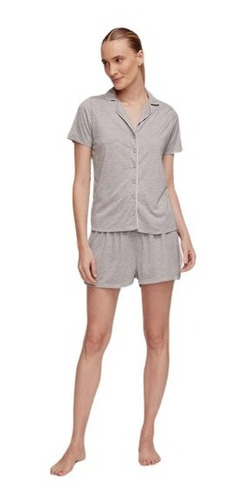 Pijama Feminino Hering Curto Com Botão Verão - Cinza