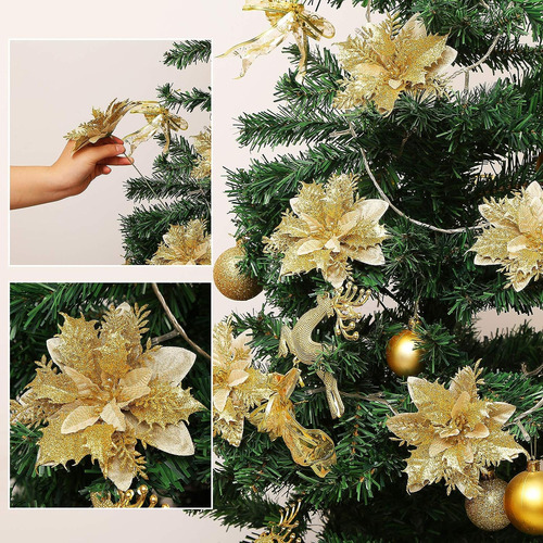 30 Flores Artificiales De Nochebuena Doradas De 14 Cm Para N