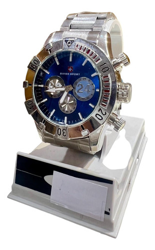 Reloj Swiss Sport Malla Metal Fondo Azul