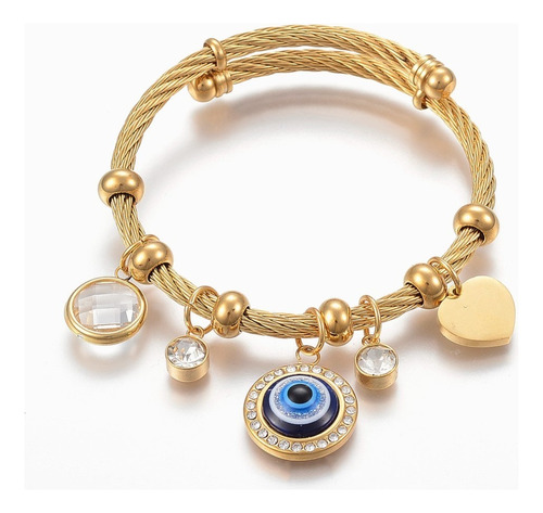 Pulsera Ajustable Con Charms Ojo Y Cristales De Acero Inoxid