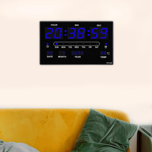Reloj De Pared Digital Con Temperatura Interior Fecha Y Azul