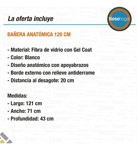 Bañera Fibra 120x70 1.20 Bañadera Reforzada Anatomica Tina